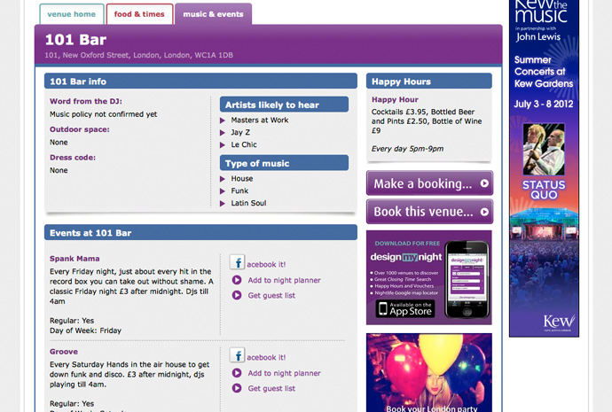 venue pages, screen grab one